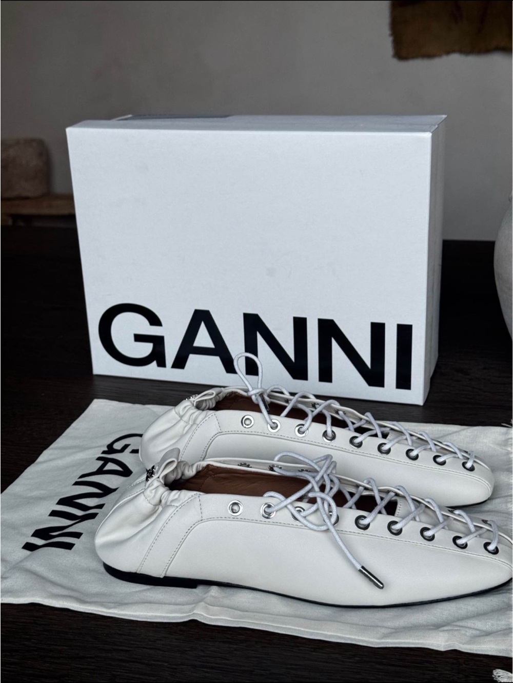 Ganni White Lace-Up Ballet-Inspired Flats - Picture 3 of 7